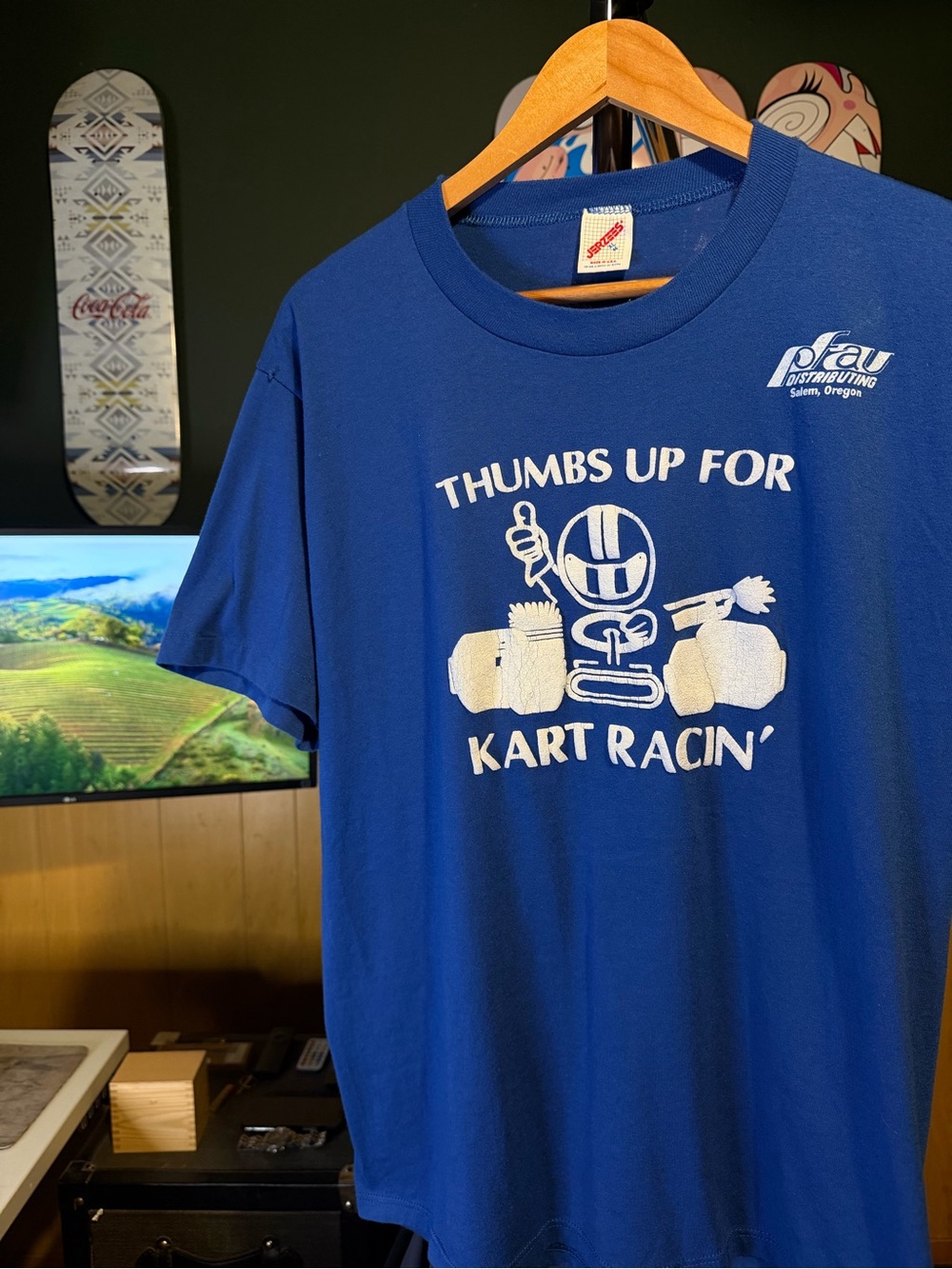 Vintage Jerzees Kart Racin' Thumbs Up PFAU Distribution Salem Oregon Blue Tee